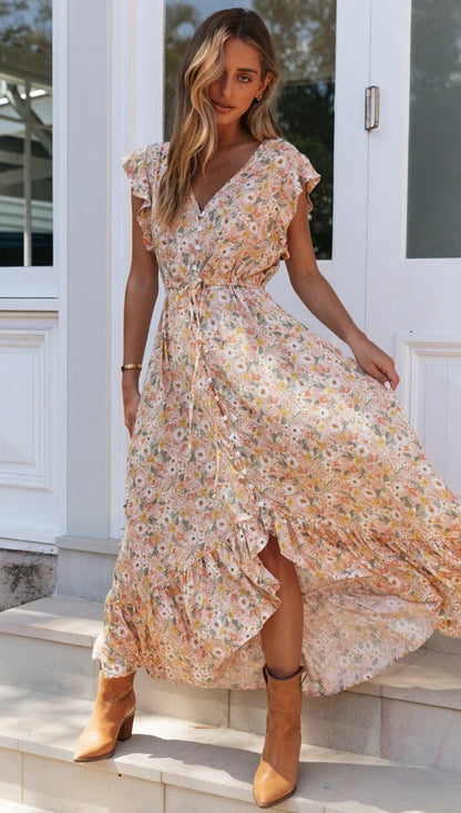 Summer Popular V neck Printing Dress Single Breasted Irregular Asymmetric Cinched Self Tie Dress