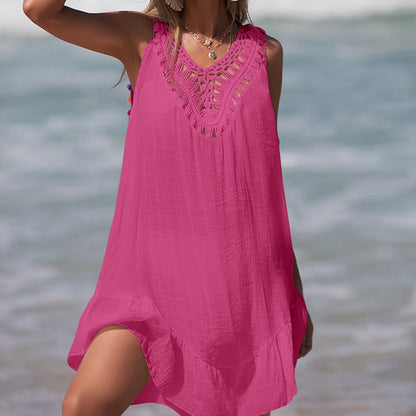 Holiday Hand Crocheting Stitching Color Ball Ruffle V Neck Pullover Hollow Out Cutout Beach Beach Cover Up Dress