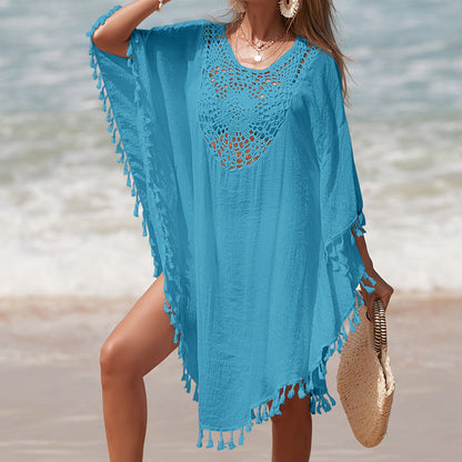 Vacation Hand Crocheting Solid Color Stitching Beach Loose Skirt Fimbrilla Sun Protection Short Sexy Beach Blouse