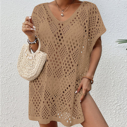 Women Wear Hollow Out Cutout Woven Loose Mid Length Beach Cover up Vacation Beach Sun Protection Shirt Crochet hook