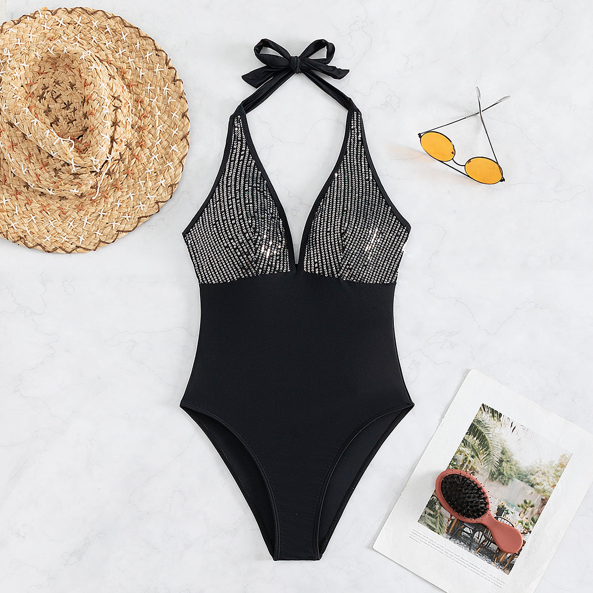 One Piece Swimsuit Women One Piece Halter Sequined Sexy Backless Bikini Swimsuit