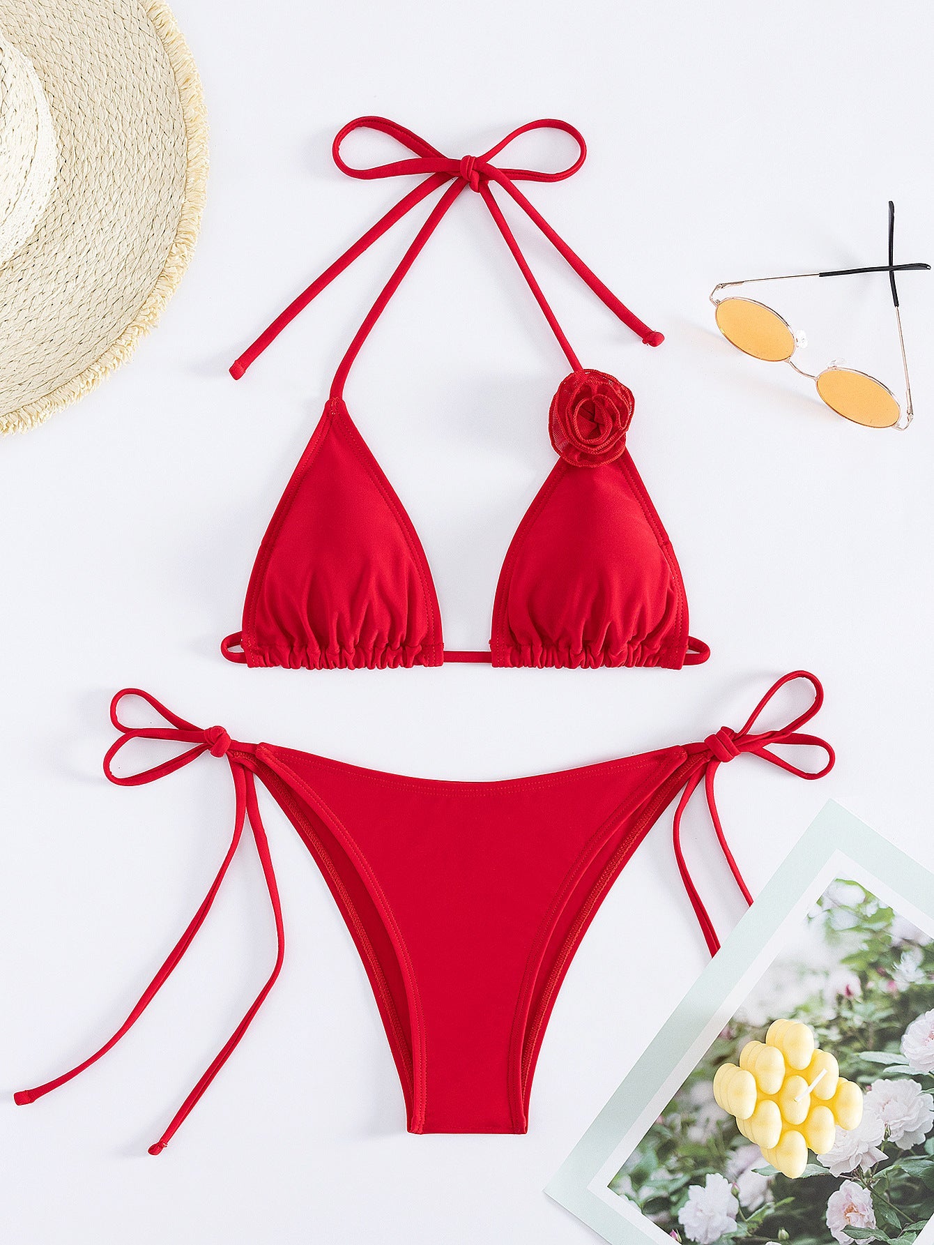 Bikini Sexy Solid Color Three Point Three Dimensional Floral Swimsuit Split Sexy