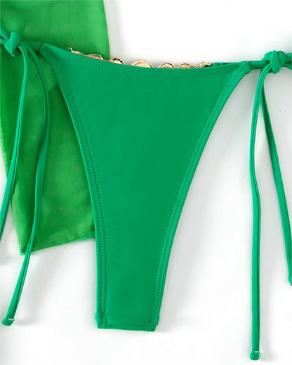 Bikini Three Piece Swimsuit Set Solid Color Sexy Metal Chain Bikini Swimsuit