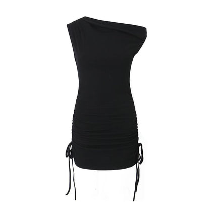 Summer Shoulder Asymmetric Sleeves Side Drawstring Bag Hip Dress Short Dress