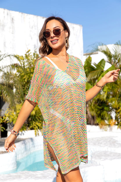 Women Clothing Summer Beach Cover Up Rainbow Hollow Out Cutout Knitting Bikini Sun Protection Shirt Women