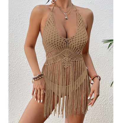 Arrival Beach Vacation Sexy Hand Crocheting Woven Lace up Cutout Long Fringe Beach Cover Up Short Top Crochet hook