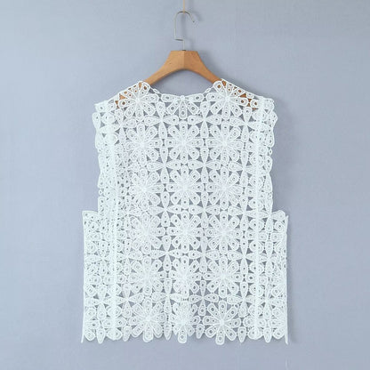 Summer Three Color Craft Floral Lace Vest Irregular Asymmetric Top