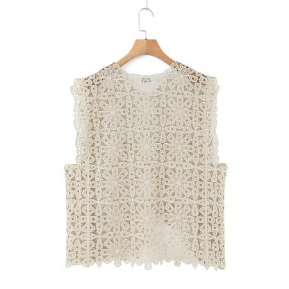 Summer Three Color Craft Floral Lace Vest Irregular Asymmetric Top