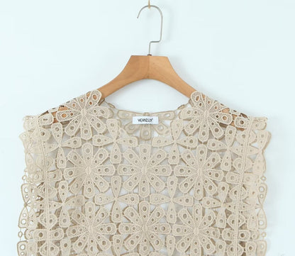 Summer Three Color Craft Floral Lace Vest Irregular Asymmetric Top
