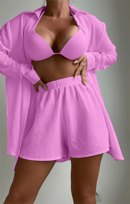 Beach Cover Up Solid Color Long Sleeved Shirt Two Piece Set Hawaiian Seaside Vacation Swimsuit Blouse