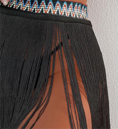 Beach Cover Up Rubber Band Tassle Beach Skirt Bikini Cover Up Half Body Overskirt