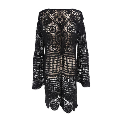 Bell Sleeve Water Soluble Hollow Out Cutout Loose Beach Cover Up Sun Proof Vacation Beach Dress Women Swimsuit Outer Wear