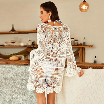 Bell Sleeve Water Soluble Hollow Out Cutout Loose Beach Cover Up Sun Proof Vacation Beach Dress Women Swimsuit Outer Wear