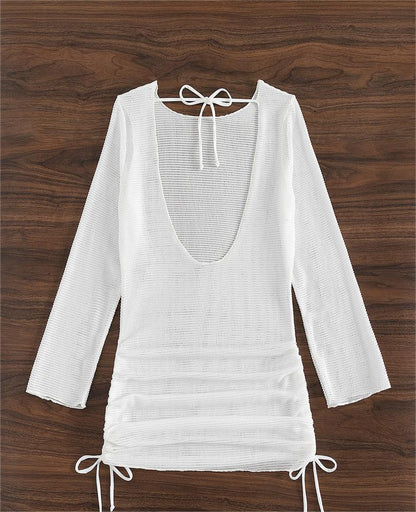 Beach Cover Up White Sexy Backless Mesh Long Sleeve Sun Protection Overshirt Swimsuit Outerwear Shirt