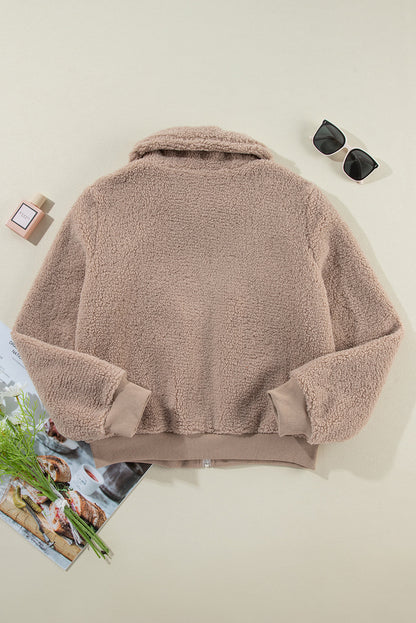 Solid Zip-Up Pocketed Fuzzy Jacket