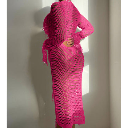Hollow Out Cutout Knitted Sequin Tassel round Neck Cropped Outfit Long Sleeve Vacation Dress Swimsuit Blouse Sun Protection Clothing Dress Crochet hook