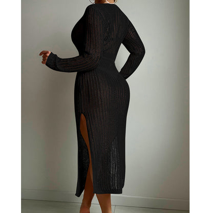 Sexy Hollow Out Cutout Knitted Deep V Plunge Lace up Waist Controlled Long Sleeve Split Skirt Vacation Dress Swimsuit Blouse Crochet hook