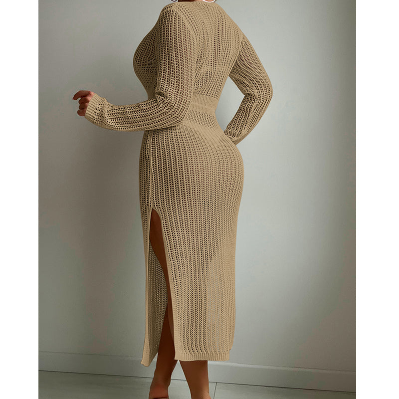 Sexy Hollow Out Cutout Knitted Deep V Plunge Lace up Waist Controlled Long Sleeve Split Skirt Vacation Dress Swimsuit Blouse Crochet hook