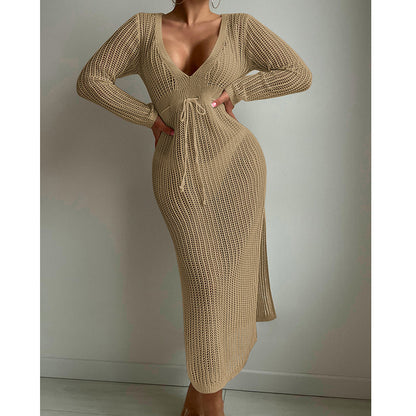Sexy Hollow Out Cutout Knitted Deep V Plunge Lace up Waist Controlled Long Sleeve Split Skirt Vacation Dress Swimsuit Blouse Crochet hook
