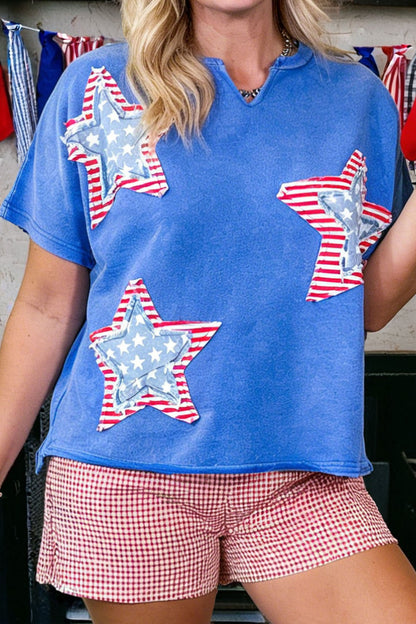 USA Star Patchwork Mineral Wash Notched Neck Tee
