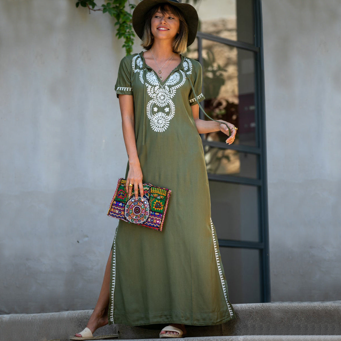 Rayon Army Green Short Sleeve Embroidered Beach Jacket Vacation Robe Beach Cover Up Outer Wear Dress Women