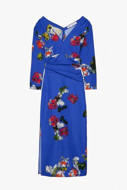 Spring Printed V neck Slimming Long Sleeves Pleated Dress Long