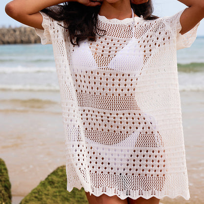 Sexy Hollow Out Cutout Texture Lace Collar Loose Pullover Mid Length Vacation Sun Protection Beach Blouse Crochet hook