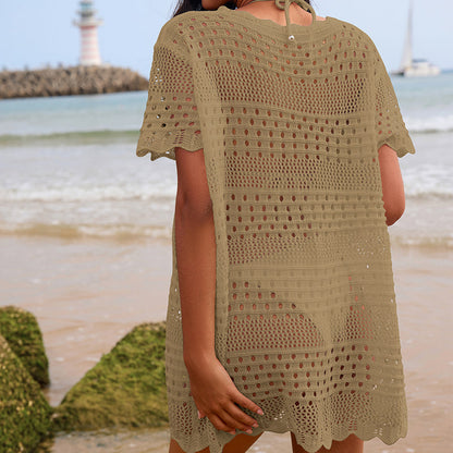 Sexy Hollow Out Cutout Texture Lace Collar Loose Pullover Mid Length Vacation Sun Protection Beach Blouse Crochet hook