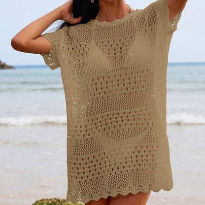 Sexy Hollow Out Cutout Texture Lace Collar Loose Pullover Mid Length Vacation Sun Protection Beach Blouse Crochet hook
