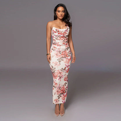 Fashionable Printed Waist One Shoulder Suspender Summer Slim Fit Sheath Dress