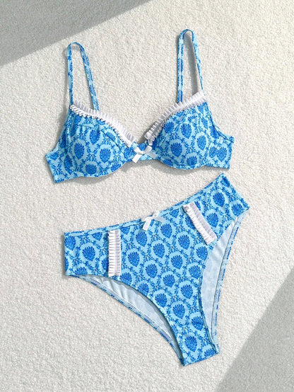 Bikinx Floral Printed Spliced Flounce Trim Women Bikini Set For Vacation
