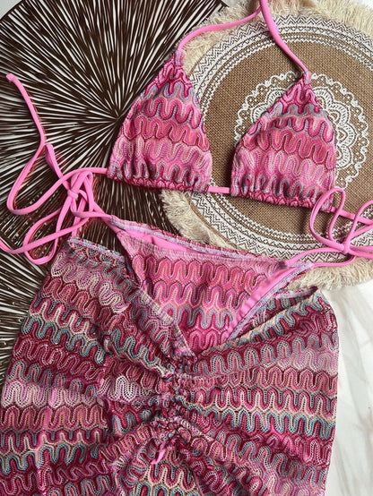 Bikinx Women Summer Beach Wave Pattern Halter Strap Sexy Bikini Set With Cover Up Skirt