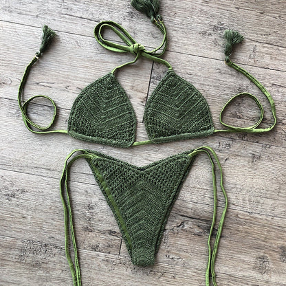 Pure Cotton Hand Crocheting Silver Thread Sexy Beach Bikini Set Three Color Striped Swimsuit