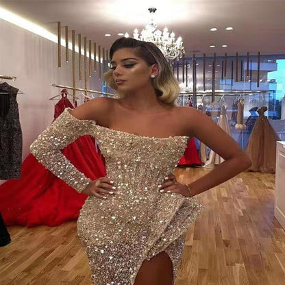 Spring Summer Women Clothing Dress Sexy off the Shoulder Mop Sequined Cocktail Evening Dress