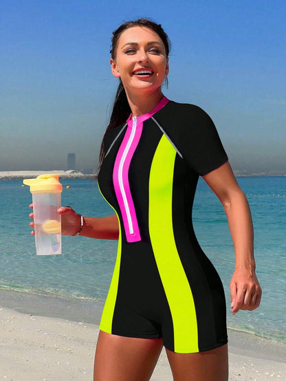 Bikinx Summer Beach Zipper Short Sleeve Surfing Contrast Neon Panel One-Piece Bathing