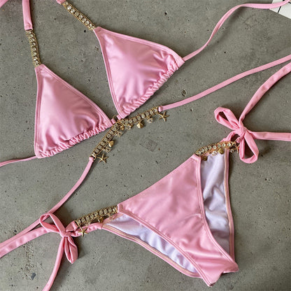 Rhinestone Jewelry Diamond Bikini Bandage Split Swimsuit Multicolor
