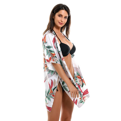 Spring Summer Vacation Travel Wild Chiffon Plant Floral Pattern Beach Sun Protection Blouse