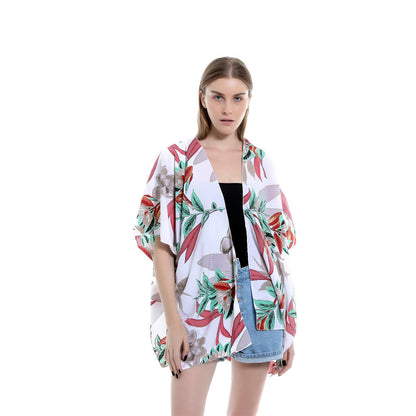 Spring Summer Vacation Travel Wild Chiffon Plant Floral Pattern Beach Sun Protection Blouse