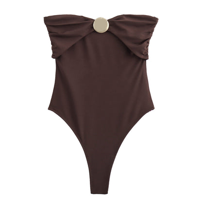 Fall Women Street Metal Trim off Neck One Piece Swimsui