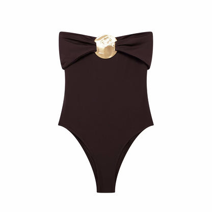Summer Women Clothing Metal Decoration Off Neck Black Swimsuit