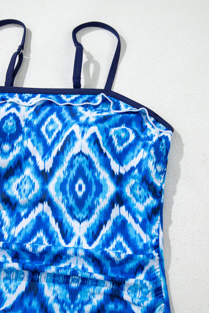 Abstract Frilled Trim Spaghetti Straps Tankini Set