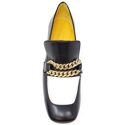 Black & White Leather Mid Heel Loafer W/Chain