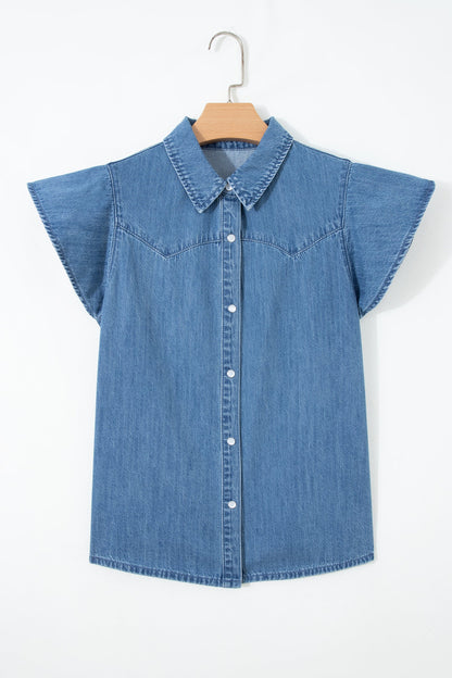 Solid Denim Ruffle Short Sleeve Buttoned Shirt
