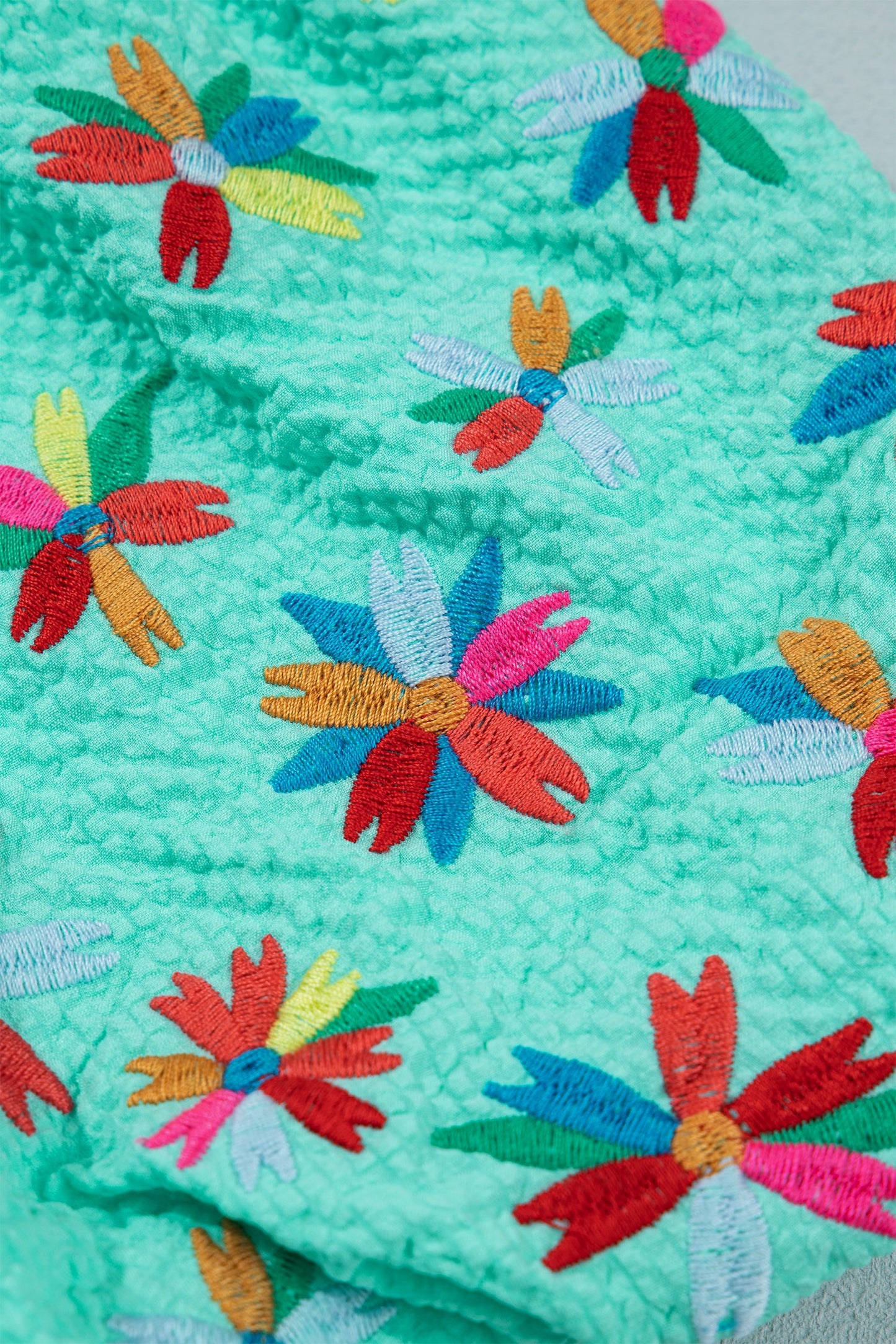Flower Embroidered Puff Sleeve Frilled V-Neck Blouse
