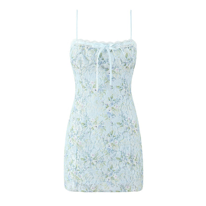 Sweet Printed Chic Lace Splicing Sling Mini French Sexy Slim Fit Short Hip Dresses
