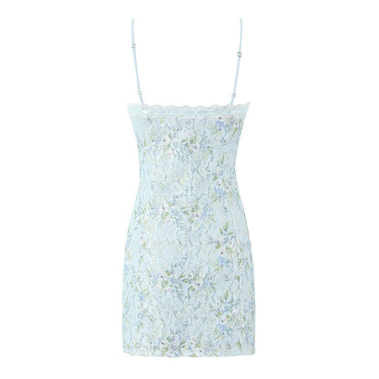 Sweet Printed Chic Lace Splicing Sling Mini French Sexy Slim Fit Short Hip Dresses