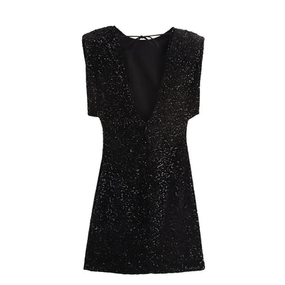 Winter Women Clothing Velvet Texture Sleeveless Back V neck Hip Dress