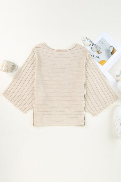 Ribbed Knit Reverse Seam 3/4 Sleeve Sweater