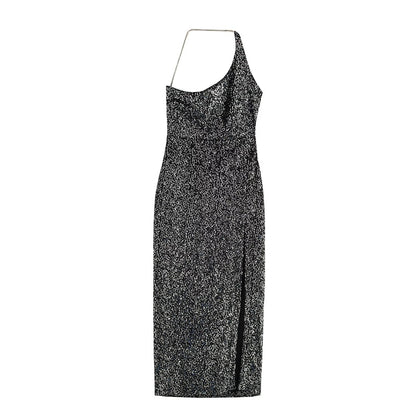 Sexy Women One Shoulder Slit Thigh Sequ Formal Wear Dress