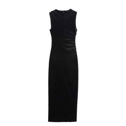 Spring Women Elegant Velvet Texture Pleated Midi Dress
